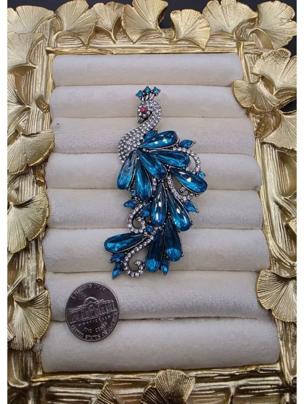 Vintage Peacock Brooch with Blue Rhinestones
